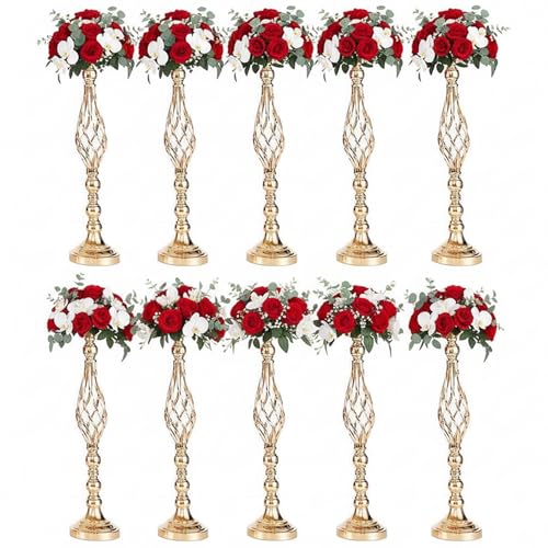 Gold Wedding Vases for Table Centerpieces - Set of 10 Twist Candleholder Stands, Elegant Floral Arrangement Vases, Metal Centerpieces for Reception Table Wedding Road-Leading Home Decor - color: ['Gold'], size: ['10 pieces, 23.23 inches']
