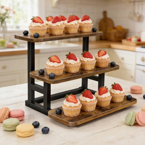 Lilybud--lily 3 Tier Cupcake Stand, Wooden Risers Display Stands Stepped Dessert Table Display Set with Metal Frame Tiered Tray Stand Serving Trays for Party Farmers Market Display 2 Pack - size: 3 Tier - 2 Pack