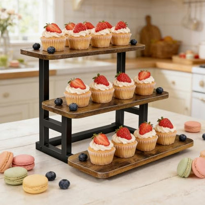 Lilybud--lily 3 Tier Cupcake Stand, Wooden Risers Display Stands Stepped Dessert Table Display Set with Metal Frame Tiered Tray Stand Serving Trays for Party Farmers Market Display 2 Pack - size: 3 Tier - 2 Pack