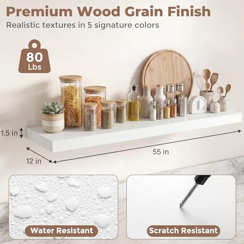 Venusmiles 12 inch Deep Floating Shelves for Wall, 55" Wide, White, 2-Pack - color: White Finish, size: 55"w x 12"d, 2p