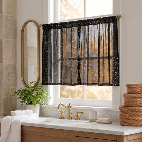Horaldaily 2Pcs Black Tier Curtains 52x36in, Gold Sequin Star, Halloween - color: Black and Gold, size: 52"W x 36"L (Pack of 2)
