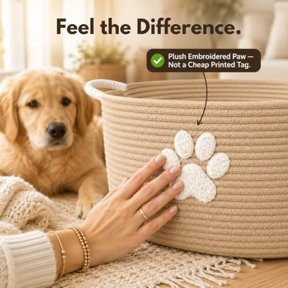 Dog Toy Basket with Handles, Boho Cotton Rope Storage Bin Organizer - color: Khaki / White Paw