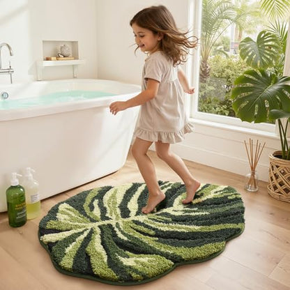 LUMI Cute Bathroom Rug Green Leaf, Absorbent Non Slip Bath Mat, 32"x48" - color: Dark Monstera-large
