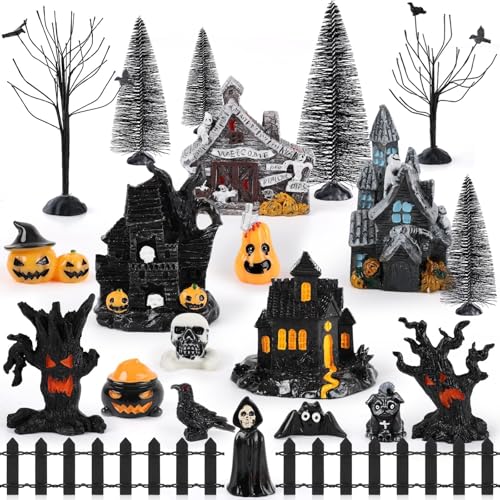 YLOLUL 30 Pcs Halloween Village Ornaments Accessories Figurines Town Miniatures Include Trees Pumpkins Black Dog Crows Skeletons Houses Wizard Bat for Halloween Village & Party Table Decorations - color: Halloween Village