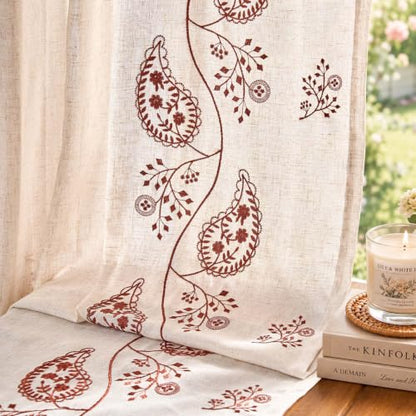 jinchan Linen Curtains 96 Inch Terracotta Floral Drapes Back Tab 2 Panels - color: Terracotta on Beige, size: 50"W x 96"L (Pack of 2)