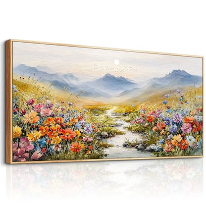 Nature Landscape Wall Art for Bedroom, Sunset Wildflowers Pictures 20X40 In - color: Flower Watercolour Painting Wood Framed, size: 40"L x 20"W