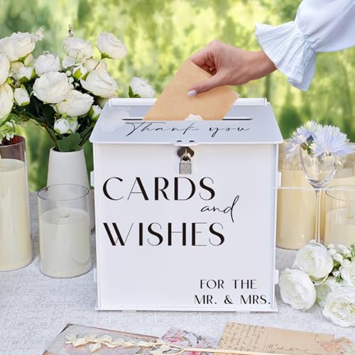 White Acrylic Card Box with Slot & Lock, Elegant Wedding Card Boxes for Reception, Large Money Envelope Gift Card Box for Party Wedding Birthday Engagement Anniversary Stylish Table Decor - style: White