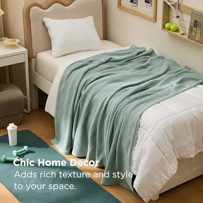 Bedsure 100% Cotton Twin XL Blanket, Waffle Weave, Green, 66"x90" - color: 04 Green, size: Twin XL (66" X 90")