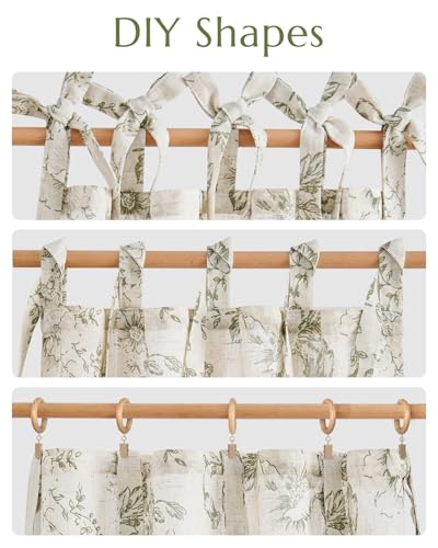 jinchan Green Floral Kitchen Tier Curtains Alice 24 Inches Tie Top 2 Panles - color: Alice Green on Linen, size: 26"W x 24"L (Pack of 2)