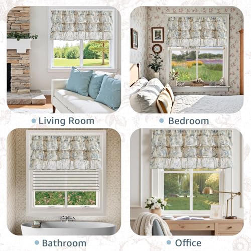 jinchan Amlie Ruffled Floral Valance Curtain 1 Panel 18 Inch Blue on Linen - color: Amlie Blue on Linen