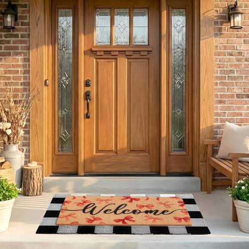 2-Piece Layered Welcome Mat Set - Coir Doormat & Buffalo Plaid Rug - color: Pink Bow