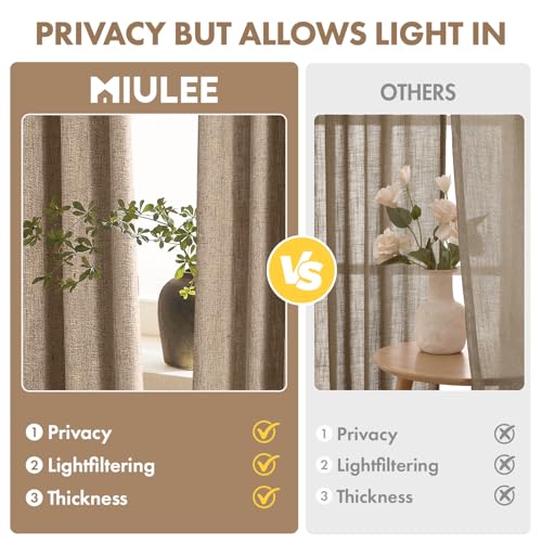 MIULEE Thick Linen Curtains, 42Wx72L, Brown Tan Semi Sheer Linen Textured - color: Brown, size: 42"W x 72"L (Pack of 2)