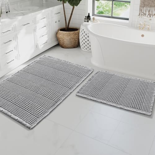 H.VERSAILTEX Waffle Bath Mat Super Absorbent Bathroom Mats Non Slip Bath Rugs for Bathroom Floor Machine Washable Ultra Soft Bathroom Rugs for Beside Tub, (32 x 20 Plus 24 x 17 - Inches, Dove) - color: Dove, size: 20" x 32" Plus 17" x 24"