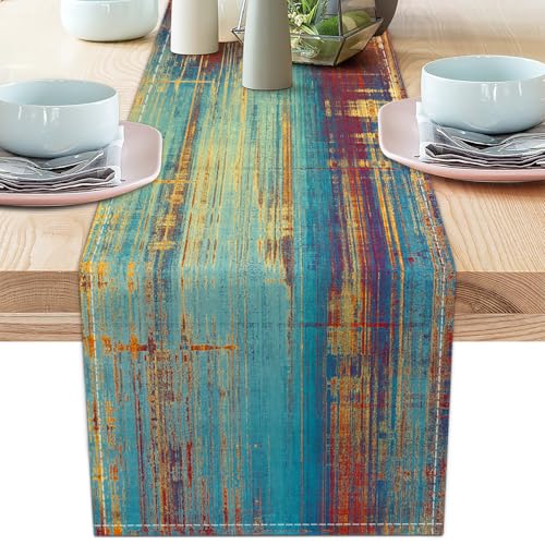 Small Table Runner Vintage Abstract Blue and Orange Table Runner Messy Rust Painting Farmhouse Coffee Table Runners for Kitchen Dining Table Home Decor 36" - color: Blue Orange, size: 13"x 36"