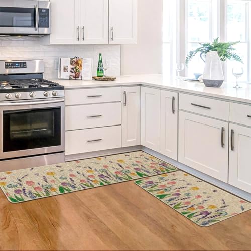 Artoid Mode Lavender Tulip Spring Kitchen Mats Set of 2, Seasonal Flower Summer Home Decor Low-Profile Kitchen Rugs for Floor - 17x29 and 17x47 Inch - size: 17" x 29" /17" x 47"