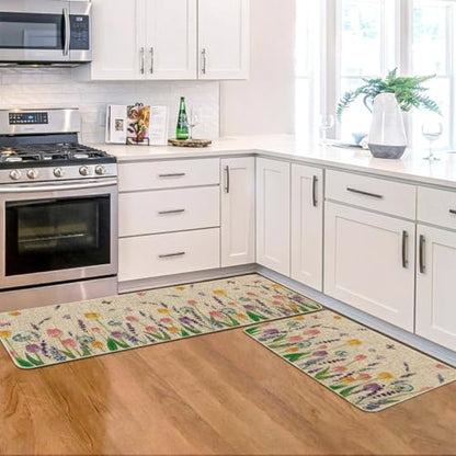 Artoid Mode Lavender Tulip Spring Kitchen Mats Set of 2, Seasonal Flower Summer Home Decor Low-Profile Kitchen Rugs for Floor - 17x29 and 17x47 Inch - size: 17" x 29" /17" x 47"