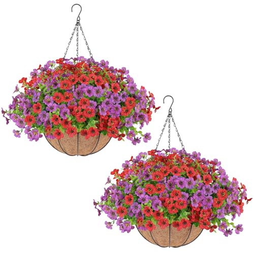 AGIRL 2 Set Artificial Hanging Flowers with Baskets for Outdoors | UV Resistant Fake Plants for Outdoor Porch Patio Garden, Realistic Silk Flowers for Spring Summer Home Decor - color: Red Purple, size: 2PCS