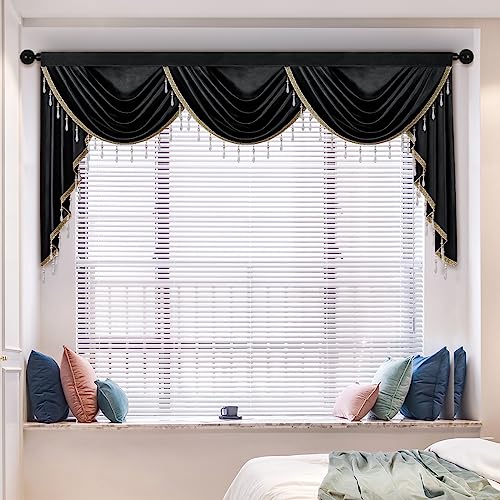 ELKCA Luxury Black Velvet Curtain Valances for Living Room with Beads(98inch,1 Panel) - color: Black, size: 98"W x 43"L (Pack of 1)