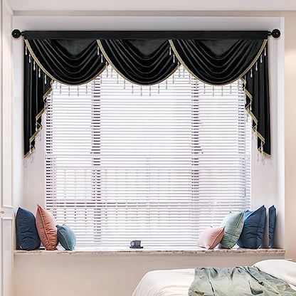 ELKCA Luxury Black Velvet Curtain Valances for Living Room with Beads(98inch,1 Panel) - color: Black, size: 98"W x 43"L (Pack of 1)