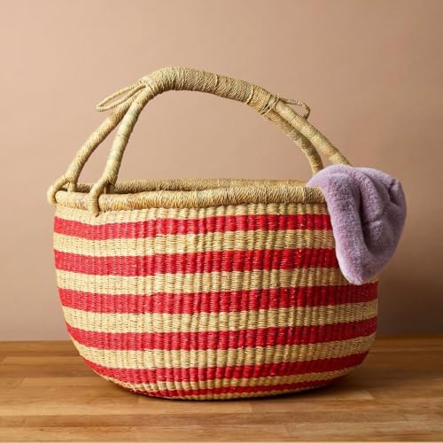 Large Round Woven Storage Basket with Handle, Red African Bolga Basket, 16" Wide - color: Red Stripes