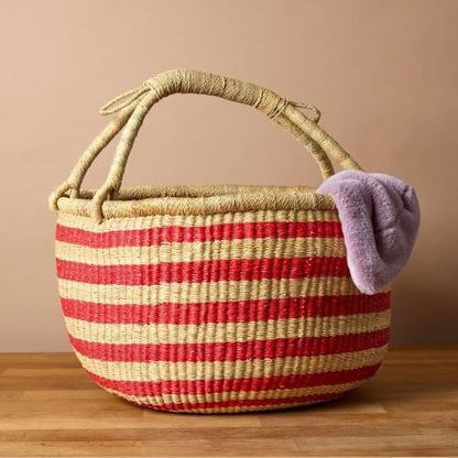 Large Round Woven Storage Basket with Handle, Red African Bolga Basket, 16" Wide - color: Red Stripes