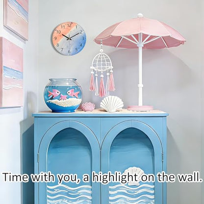 Pink Beach Wall Clocks, 8 Inch Glass Silent Battery Operated Clock - color: Pink Blue, size: 8 Inch