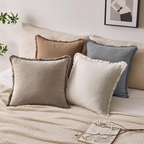 Linen Fringe Throw Pillow Covers 20x20 Inch Set of 2,Brown Tan - color: Dune, size: 20" x 20" (Pack of 2)