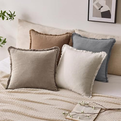 Linen Fringe Throw Pillow Covers 20x20 Inch Set of 2,Brown Tan - color: Dune, size: 20" x 20" (Pack of 2)