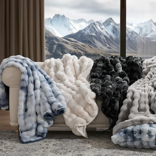 EverGrace Faux Rabbit Fur Bubble Throw Blanket, 50"x60", Cloud Blue - color: Marble Cloud Blue, size: 50"x60"