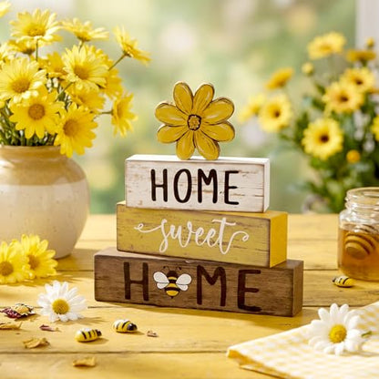 Cinnvoice 4 Pcs Yellow Bee Daisy Wooden Block Decor Farmhouse Tiered Tray - style: Bee Daisy