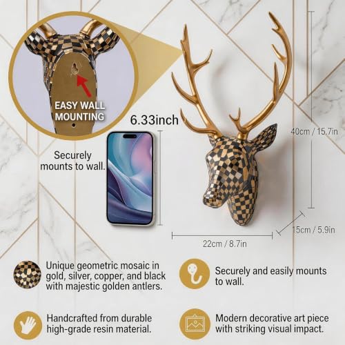 GIGICICI Mosaic Deer Head Wall Decor 15.7x8.7 Inch, Artistic Faux Resin Animal Head Wall Sculpture Hanging for Living Room Bedroom Kitchen Office, Black-Gold Gift - color: Deer-Black Gold