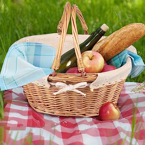 2 Pack Medium Size Oval Willow Basket with Handle, 12.6x9x4.7 Inch Wicker Picnic Basket with Liner, Empty Gift Basket, Wicker Basket for Fruit, Candy, Wine, Gathering, Wedding, Picnic, by GNIEMCKIN - size: 2 PCS medium Circular vine