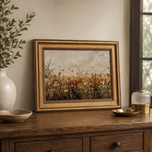 Devunaty Gold Framed Wall Art Vintage Flower Canvas Wall Art for Living Room Wildflower Field Nature Landscape Wall Decor Painting Picture Rustic Farmhouse Print Artwork Bedroom Bathroom Decor 12"x16" - color: Wildflower Field, size: 16"L x 12"W
