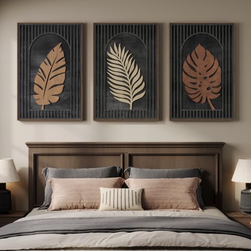 Framed 3D Wood Tropical Botanical Textured Wall Decor Living Room, 24x36 In - color: Black Brown