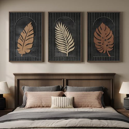 Framed 3D Wood Tropical Botanical Textured Wall Decor Living Room, 24x36 In - color: Black Brown