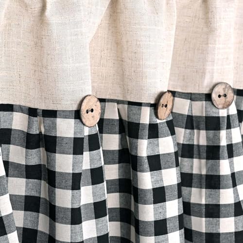DOSLY IDÉES Farmhouse Rustic Linen and Black Plaid Cotton Valance, Buffalo Pleated Design with Coconut Buttons, Multi-Room Window Treatment for Kitchen, Living Room, Bedroom, 52" W x 18" L - color: Linen & Black Plaid, size: 52"W x 18"L (Pack of 1)