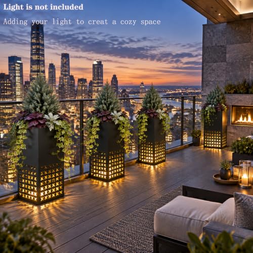 2 Pack Tall Outdoor Planters,14"Lx14'Wx30"H Metal Black Planter for Porch