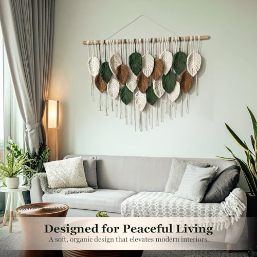 KORSIV Macrame Wall Hanging Boho Woven Tapestry, 39" x 31.5" Modern Bohemian Handmade Leaf Feather Wall Art Decorations for Apartment Dorm Living Room Bedroom Nursery Backdrop, Chic Home Decor