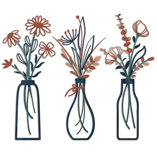 Pigort 3 Pieces Metal Flowers Wall Arts - Rustic Farmhouse Decor Minimalist Flower Wall Decors for Living room Bathroom Bedroom Dining Room-Housewarming Gifts - color: Orange Blue