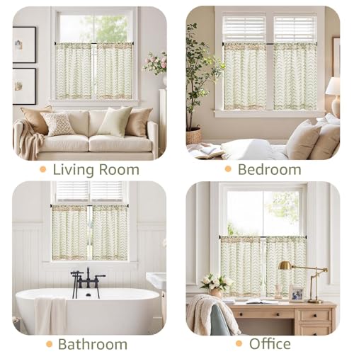 jinchan Green Boho Linen Kitchen Tier Curtains 24 Inch Rod Pocket 2 Panels - color: Arrow | Green on Linen, size: 26"W x 24"L (Pack of 2)