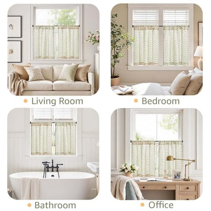 jinchan Green Boho Linen Kitchen Tier Curtains 24 Inch Rod Pocket 2 Panels - color: Arrow | Green on Linen, size: 26"W x 24"L (Pack of 2)