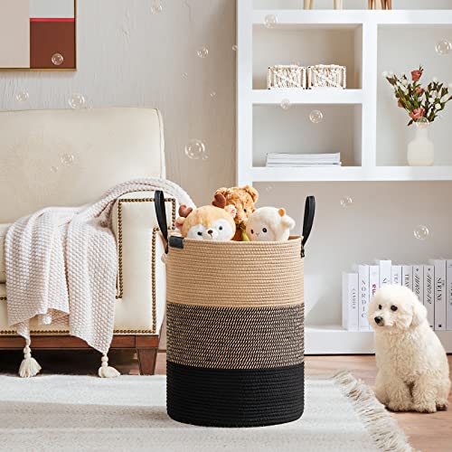 VIPOSCO 58L Tall Woven Rope Laundry Hamper, Leather Handles, Brown & Black - color: Brown & Black, size: 58L