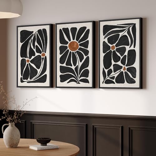 Large Framed Black and White Boho Floral Wall Art, 3 Piece Vintage Botanical Artwork for Walls, Bohemian Flowers Canvas Prints for Living Room Bedroom Hallway Office Home Decor, Total 30x60 Inch - color: Black and White, size: 20" W x 30" H x 3Pcs