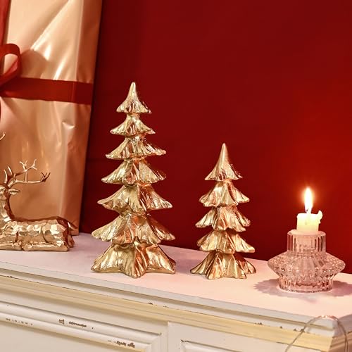 FESTGLOX Gold Christmas Tree Figurines,Small Resin Christmas Tabletop Trees - color: Gold, size: Set of 2