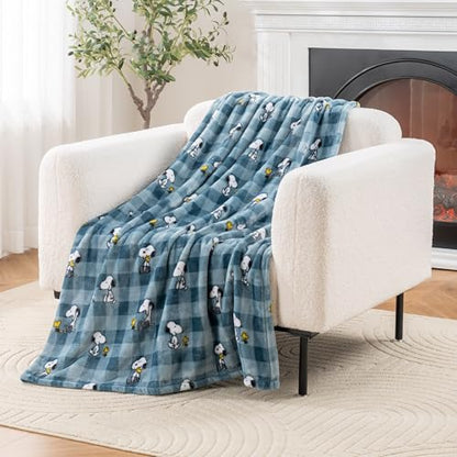 Berkshire Blanket Peanuts® VelvetLoft® Cute Character Snoopy Plush Throw Blanket,Peanuts Snoopy Everyday Buffalo Plaid Navy Tonal,Throw 55 in x 70 in (Official Peanuts® Product) - color: Navy Tonal, size: Throw (55 in x 70 in)
