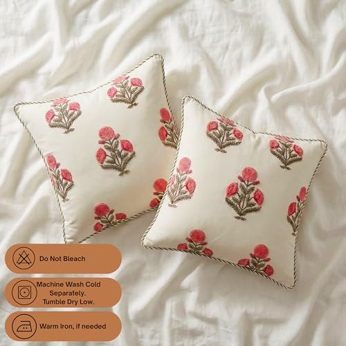 ATOSII Cotton Blockprint Throw Pillow Cover, Poppy, Set of 2, 18 X 18 - color: Poppy, size: 18" x 18" (Pack of 2)