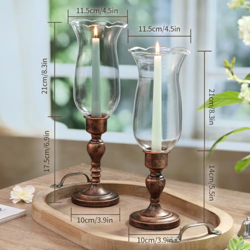 Volens Set of 2 Hurricane Glass Candle Holders with Iron Base & Glass Dome - color: Bronze