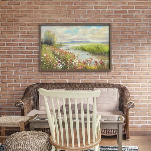 HILL WEST Rustic Landscape Countryside Stream Framed Wall Art, 45x30inch - color: Stream, size: 45"L x 30"W