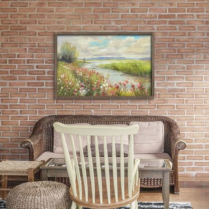 HILL WEST Rustic Landscape Countryside Stream Framed Wall Art, 45x30inch - color: Stream, size: 45"L x 30"W
