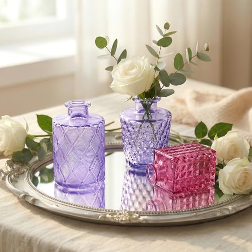 Set of 15 Purple Glass Bud Vases Small Textured Flower Vases - color: Purple